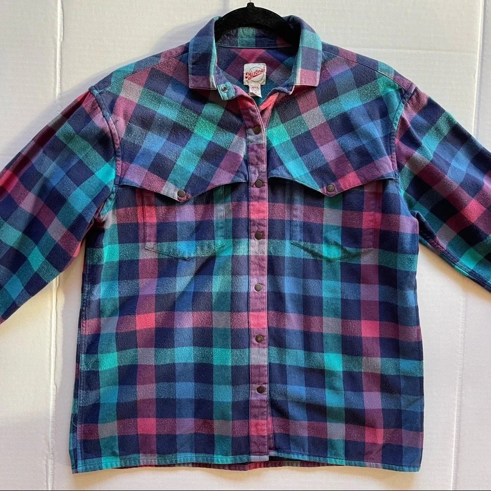 Vintage Merona Sport  Plaid Long Sleeve Women Shirt size M Y2K Green Blue Pink